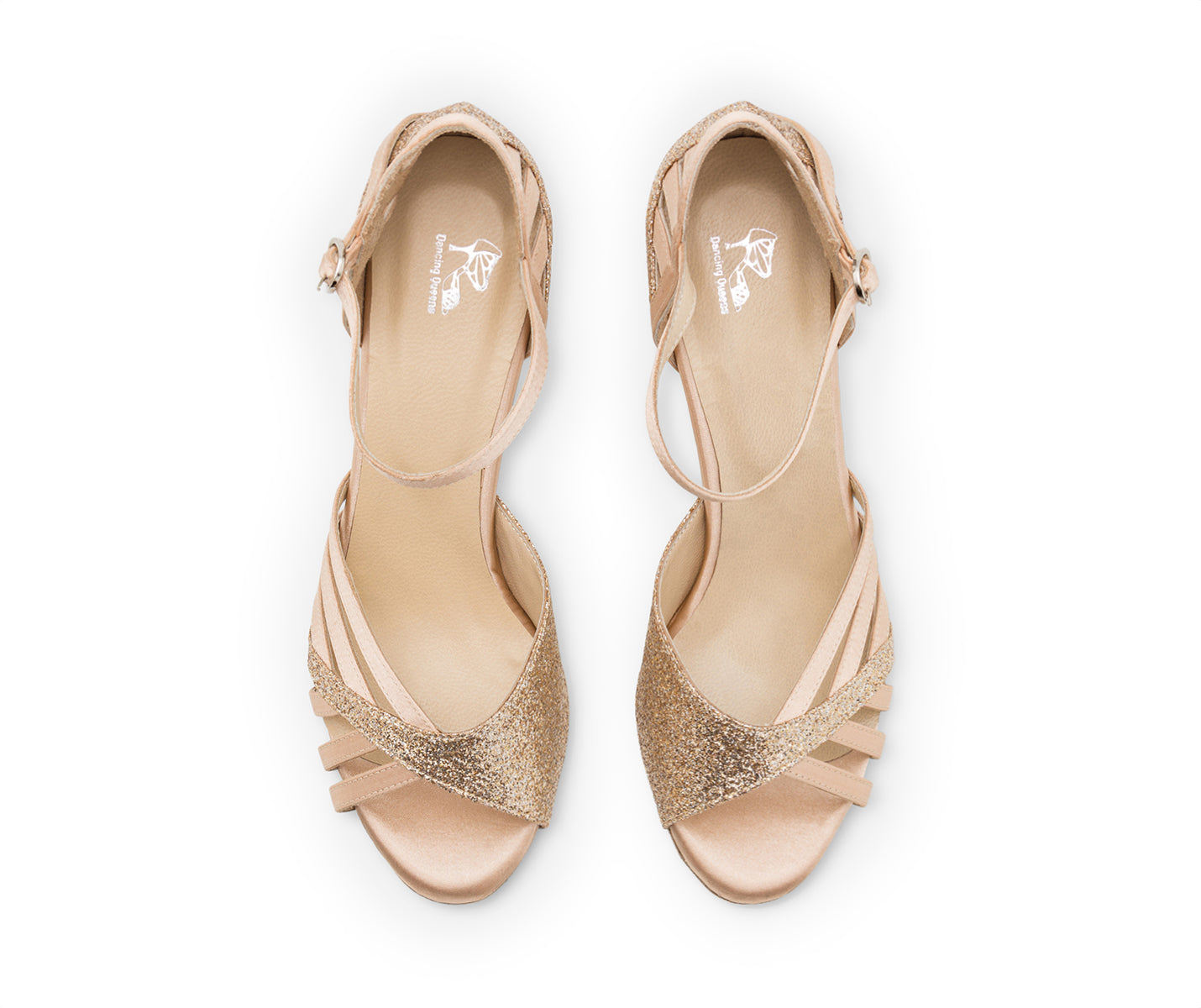 Draufsicht der ESP03-Tanzschuhe in Nude von Dancing Queens mit glitzerndem Open-Toe-Design und Knöchelriemen auf Weiß.